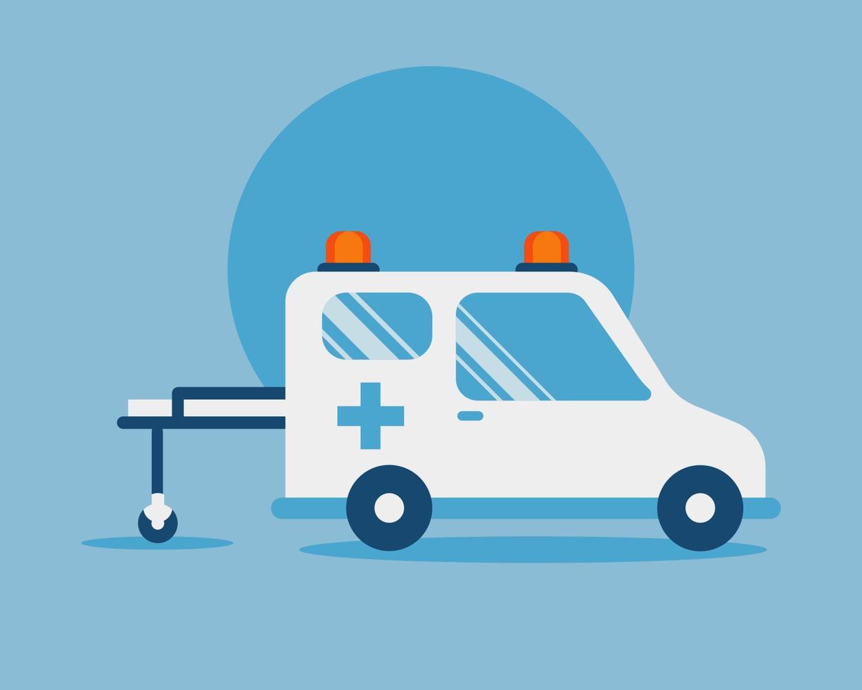 auto ambulanza e sirena rossa nel vettore design piatto. stile cartone animato