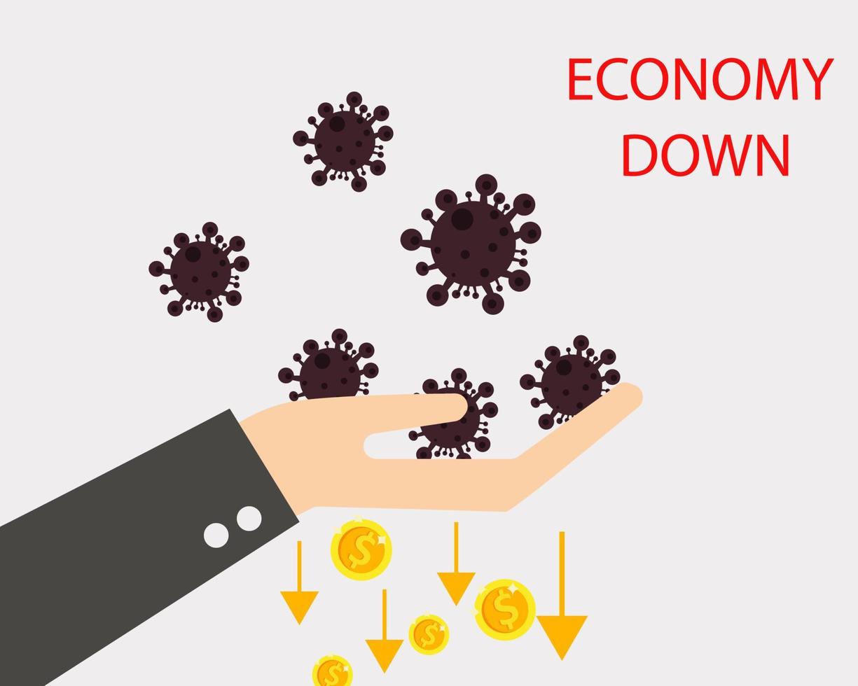 economia al ribasso con il concetto di crisi covid-19. ci sono virus con molte monete d'oro e freccia giù per il tuo design vettore