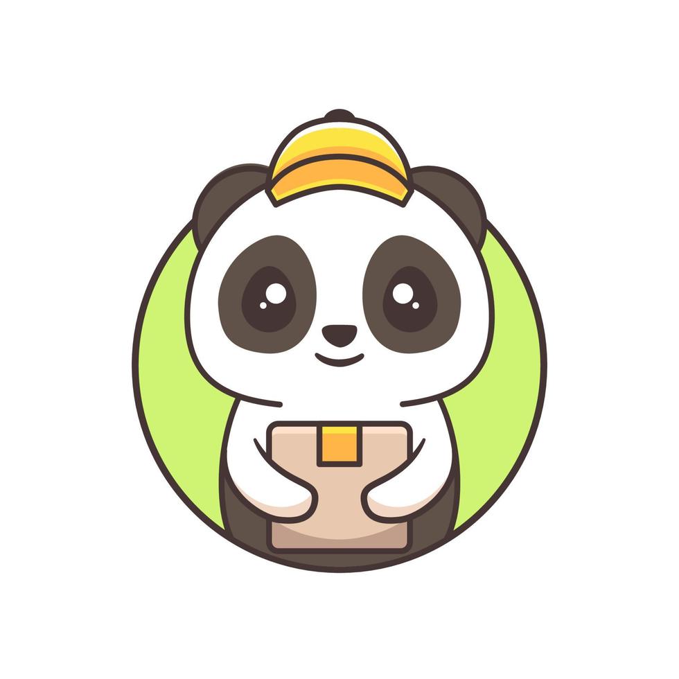 simpatico corriere panda con cappello giallo vettore