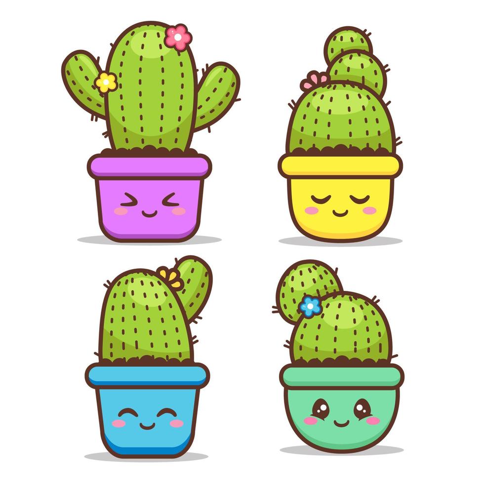 carino cactus di espressione diversa in vaso colorato vettore