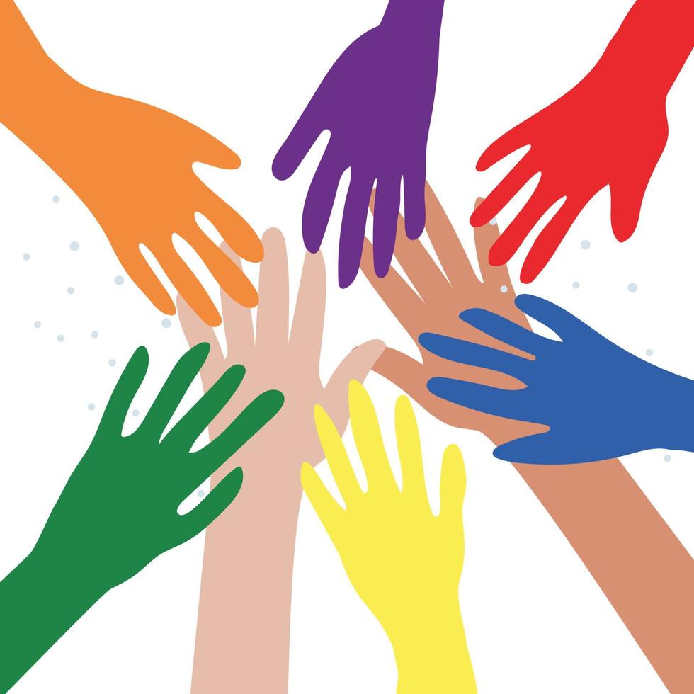 illustrazione vettoriale della comunità lgbt. mani di diversi colori. simbolismo lgbtq. diritti umani e tolleranza. unità di persone con culture e punti di vista diversi. concetto di pace e amicizia