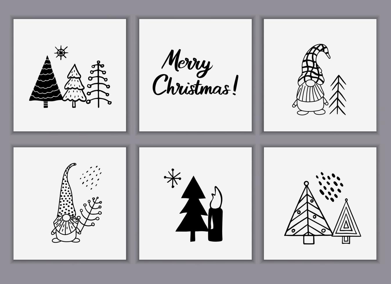set di biglietti di auguri natalizi fatti di elementi doodle disegnati a mano. alberi di natale, simpatici gnomi in stile scandinavo. modelli vettoriali per poster o inviti