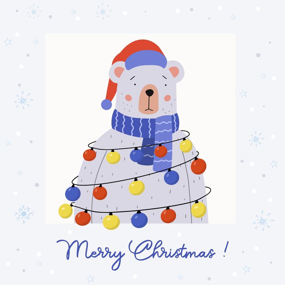 biglietto di auguri di buon natale. simpatico orso che indossa una sciarpa blu e un cappello da Babbo Natale. ha una ghirlanda con luci multicolori. vettore