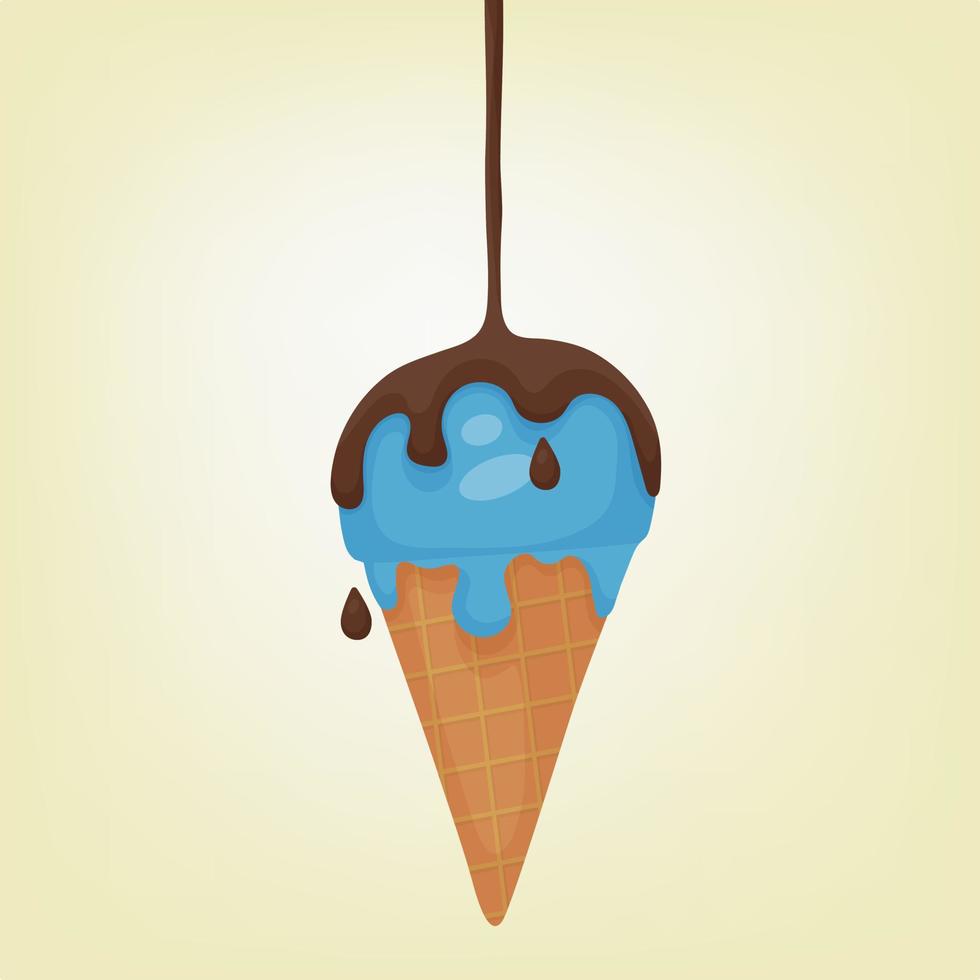 gelato con illustrazione vettoriale piatta in stile cartone animato. una palla di gelato blu che si scioglie in un cono di cialda. sciroppo di cioccolato versato sopra. dolce gustoso preferito