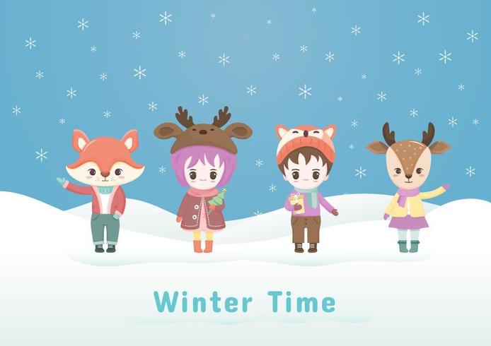 Personaggi animali dei cartoni animati di Natale sullo sfondo invernale. vettore