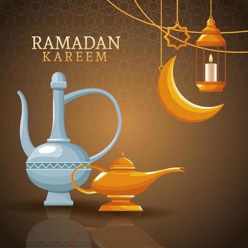 Ramadan Kareem con luna, lanterne e arte islamica vettore