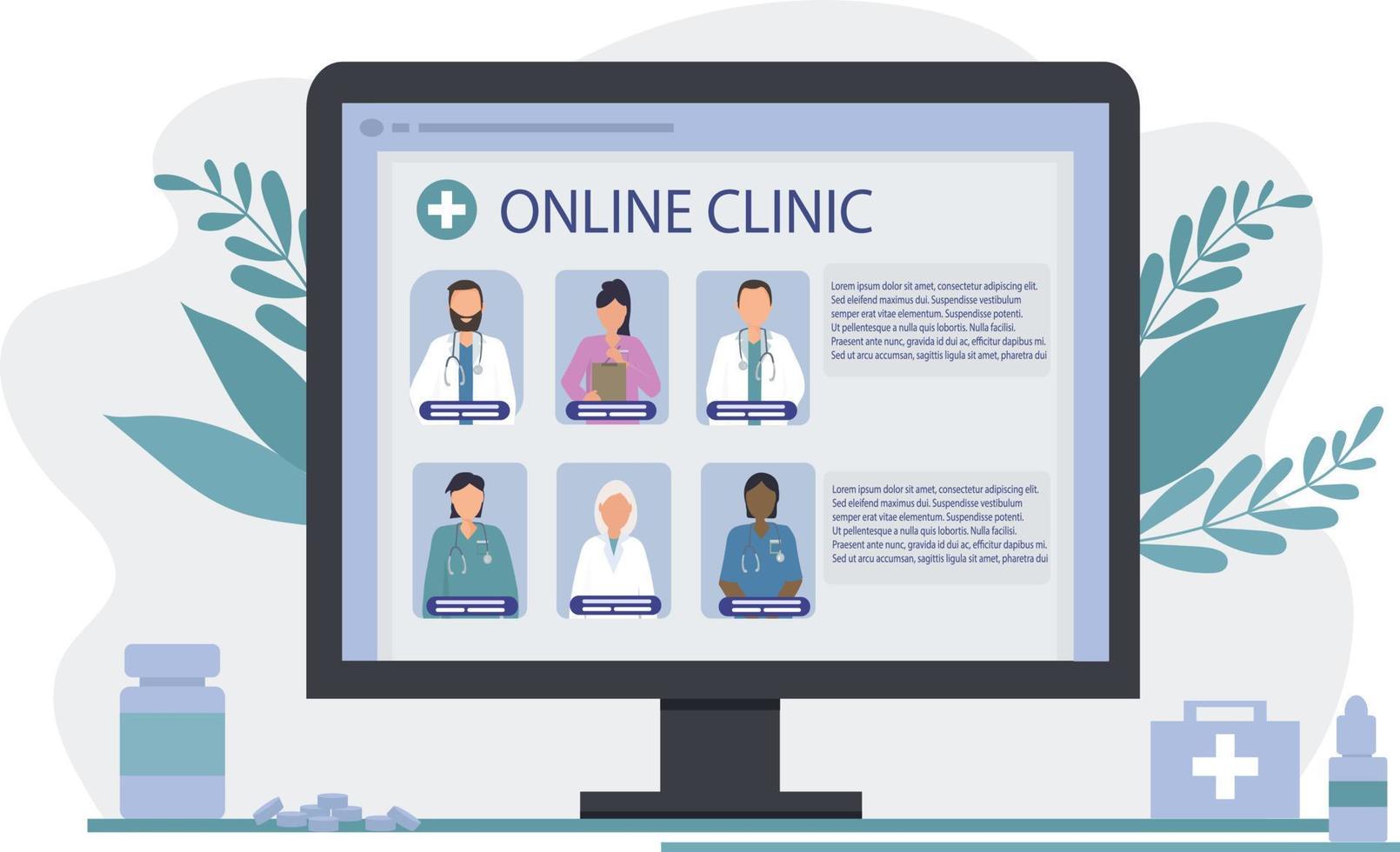 webscegliendo un medico online. telemedicina, servizi medici a distanza. cercare uno specialista per la consulenza medica e la diagnosi su Internet. ritratti di diversi medici specialisti vettore