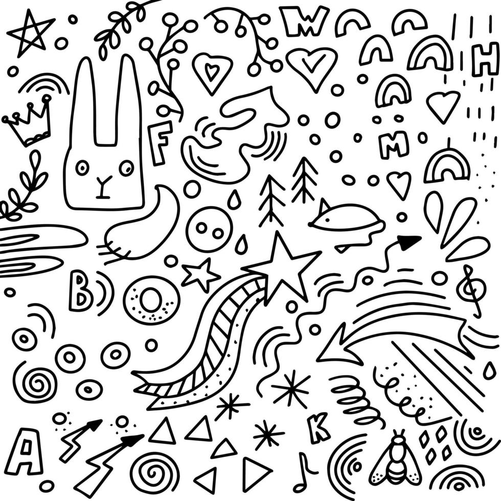 elementi vettoriali astratti in un semplice stile doodle. frecce, lettere, forme, animali ed elementi naturali. simpatici personaggi per il tuo design