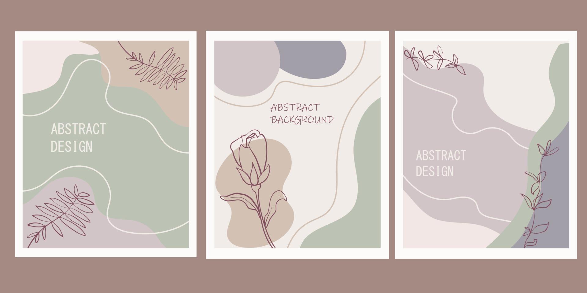 una serie di poster creativi. sfondo astratto moderno in colori pastello. forme geometriche minimali, elementi botanici di piante e fiori, line art. vettore