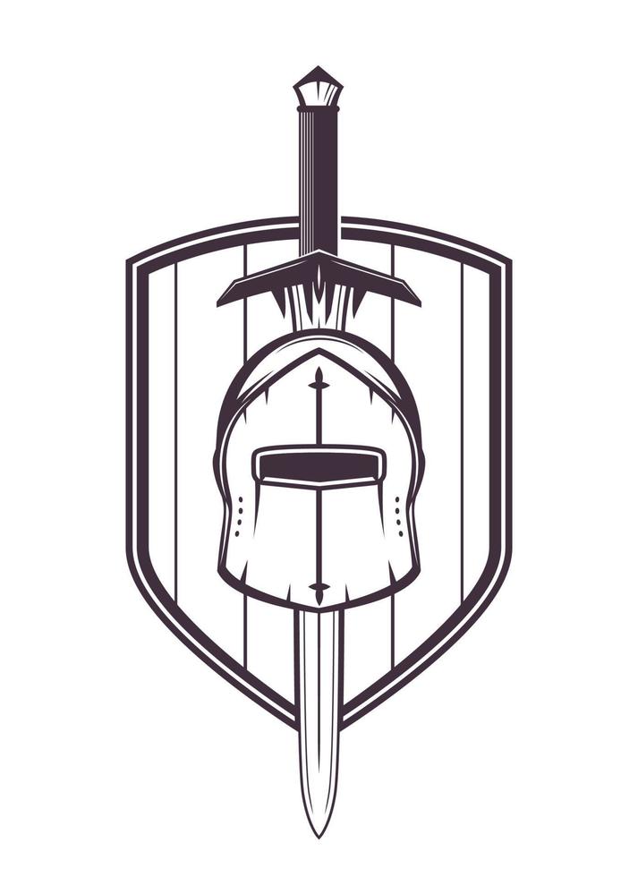 elmo medievale, spada e scudo isolati su bianco, illustrazione vettoriale