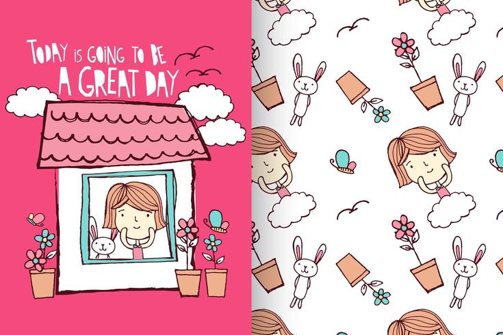 Ragazza carina disegnata a mano con set di pattern vettore