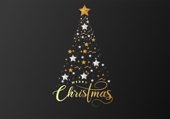 Albero di Natale fatto di lamina d&#39;oro ritagliata e stelle di carta bianca vettore