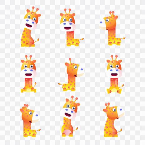 Giraffa di cartone animato con diverse pose ed espressioni. vettore