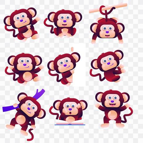 Scimmia di cartone animato con diverse pose ed espressioni. vettore