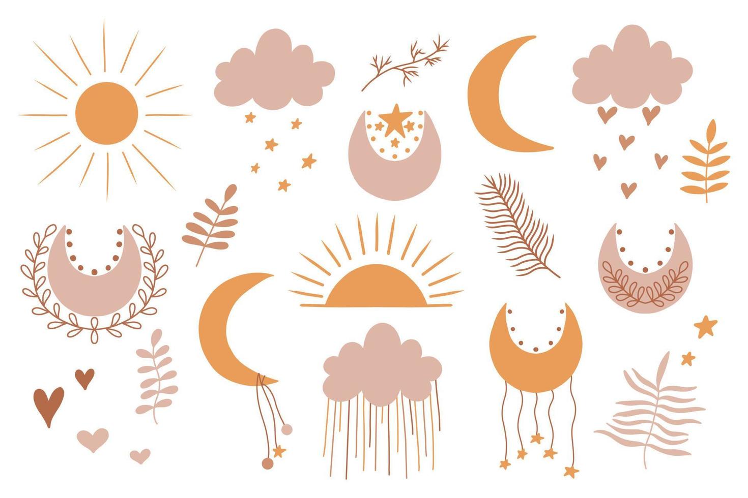 clipart boho vettoriali disegnati a mano per la decorazione della scuola materna con luna carina, sole, nuvola, acchiappasogni. illustrazione moderna di doodle. perfetto per baby shower, feste di compleanno, feste per bambini