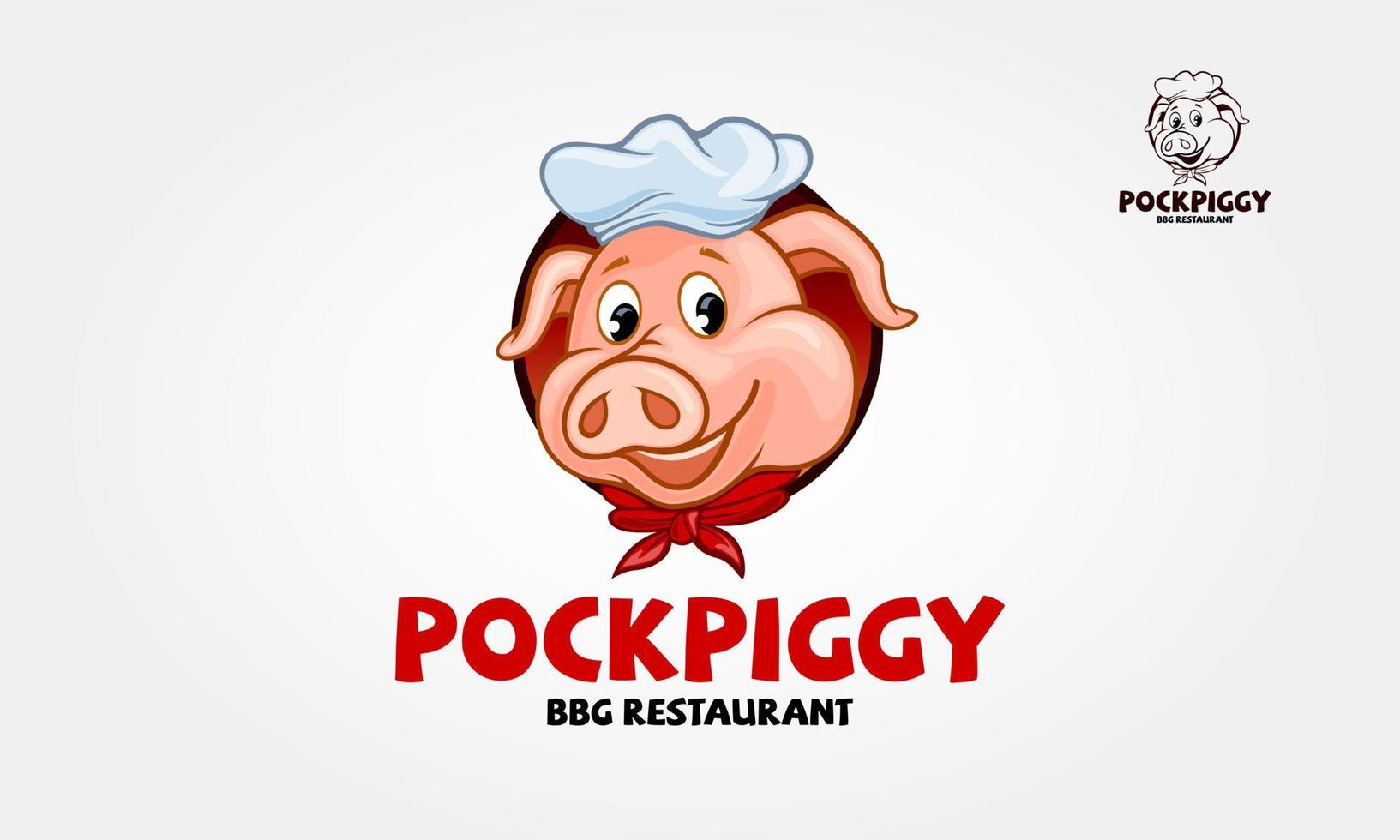 personaggio dei cartoni animati di logo vettoriale pock piggy. un'illustrazione del logo del barbecue di maiale carino e moderno. questo potrebbe essere utilizzato in postazioni barbecue, barbecue all'aperto, grill, ristorante, steakhouse e così via.