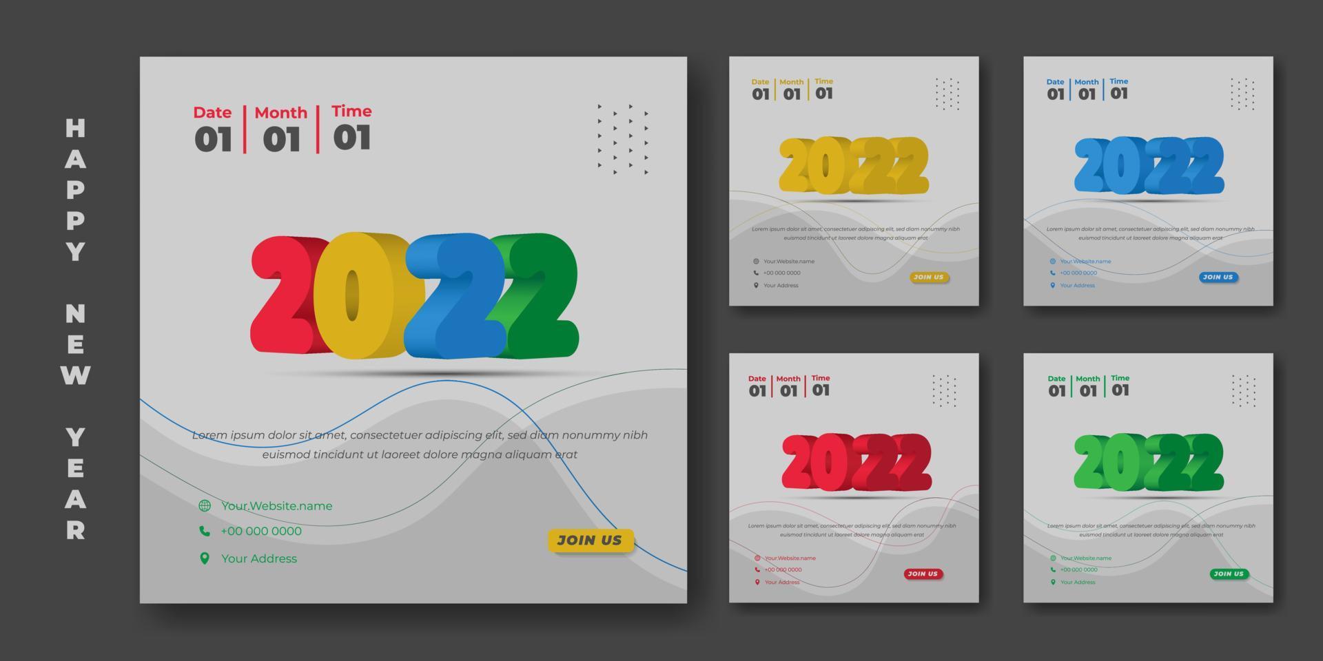 set di modelli di post sui social media con numero di tipografia 3d del 2022. design del modello felice anno nuovo 2022. vettore