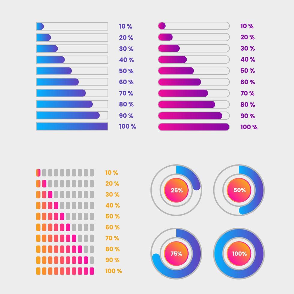 set di diagramma percentuale con colori da 10 a 100 per infografica. illustrazione vettoriale. vettore