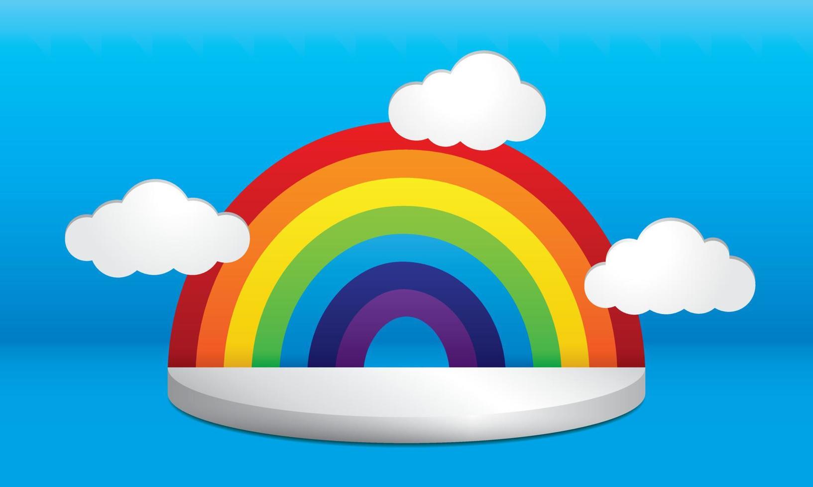 fase nuvola e arcobaleno con sfondo blu 3d illustrazione vettoriale. vettore