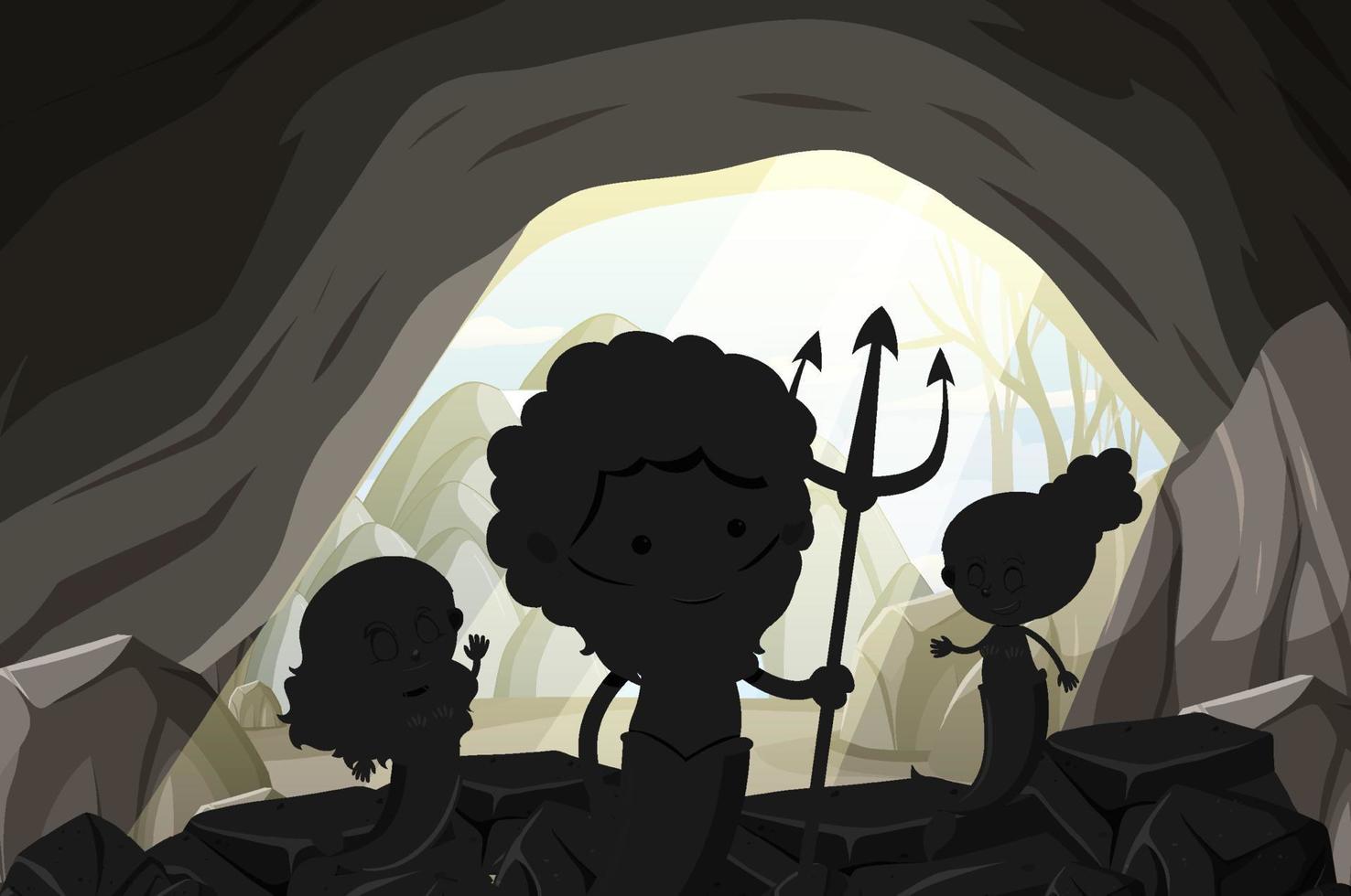 silhouette famiglia sirena nella scena della grotta vettore