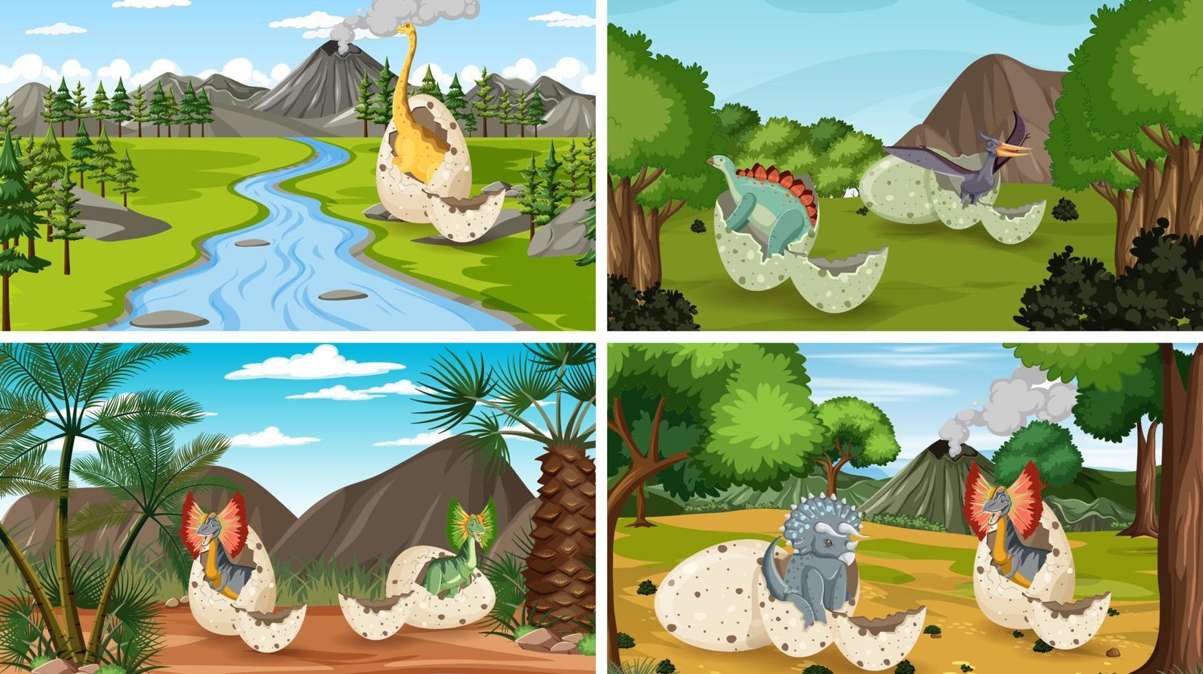quattro scene con dinosauri nella foresta vettore