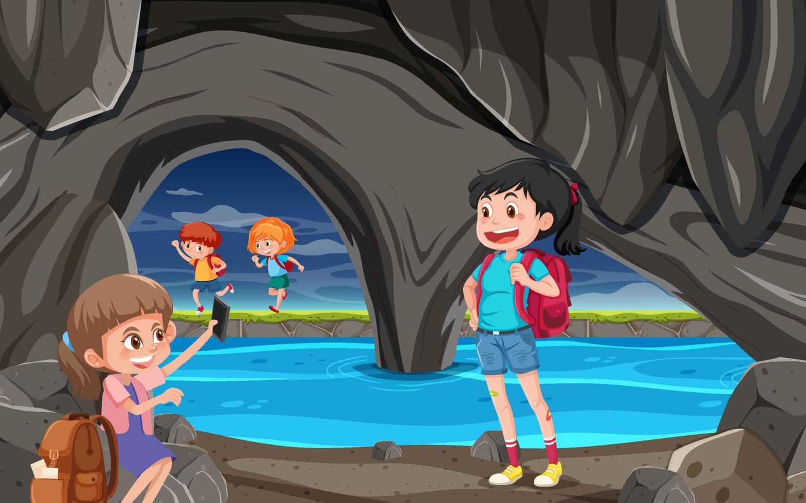 nella scena della grotta con bambini che esplorano il personaggio dei cartoni animati vettore