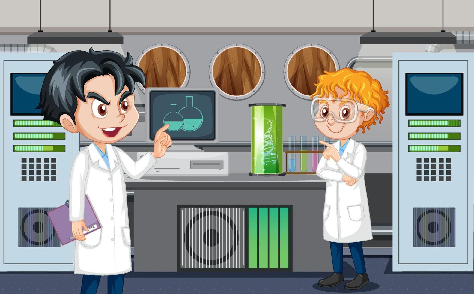 laboratorio di scienze per esperimenti chimici con lo scienziato vettore