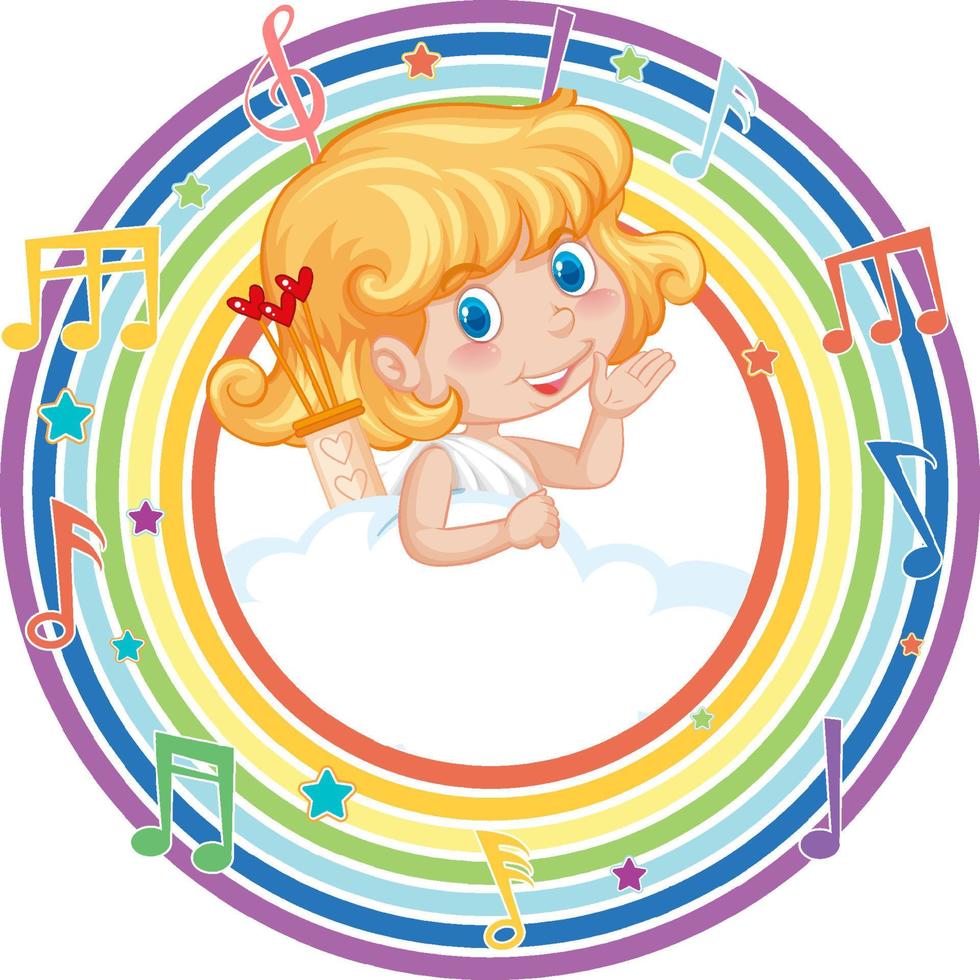 Cupido ragazza in cornice rotonda arcobaleno con simbolo melodia vettore