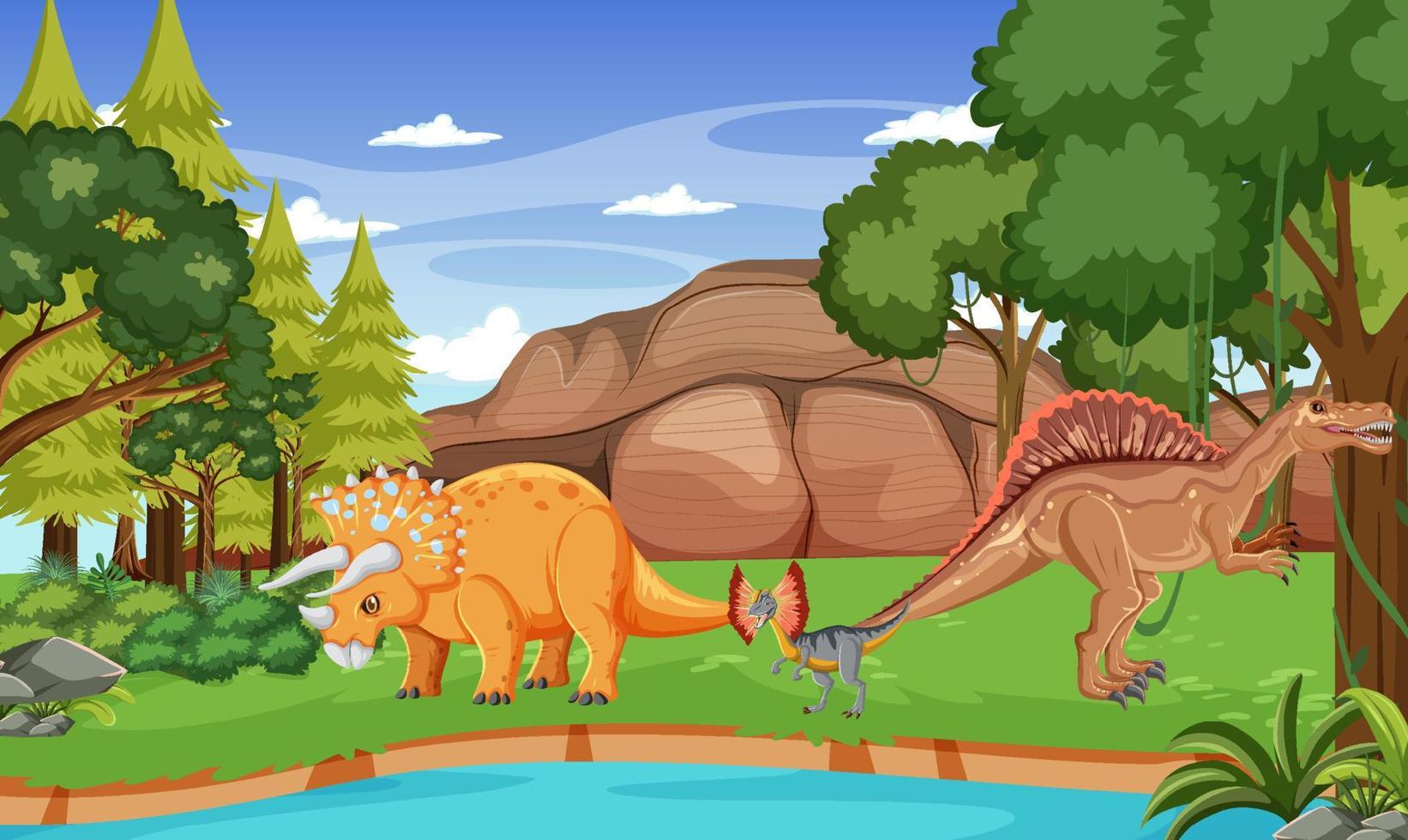 scena con i dinosauri nella foresta vettore