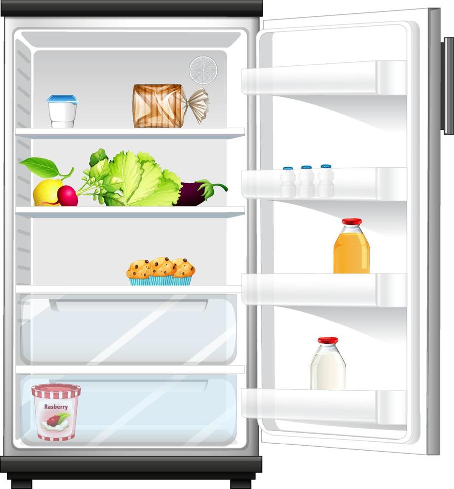 frigorifero aperto con cibo all'interno vettore
