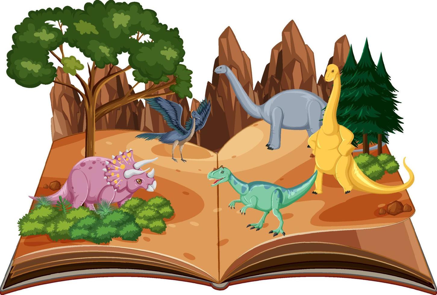 libro pop-up con scena della natura all'aperto e dinosauro vettore