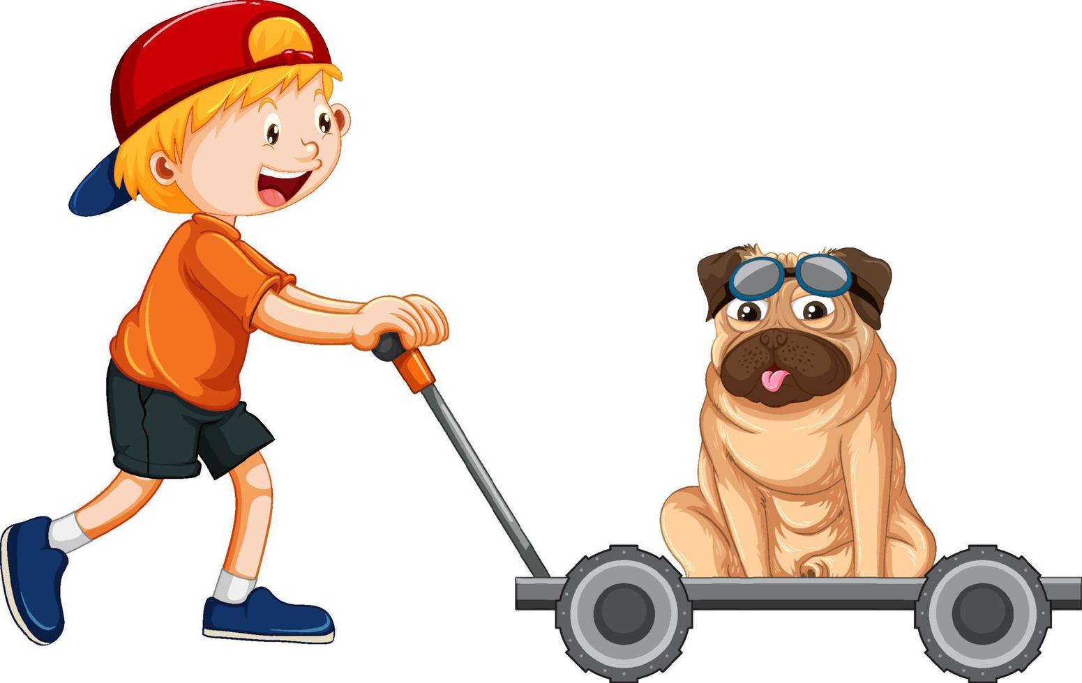 un ragazzo che spinge il carrello con un cane carlino vettore