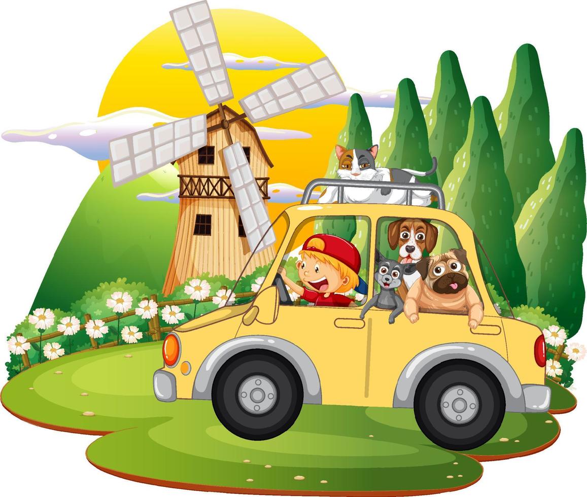 concetto di viaggio su strada con animali domestici in macchina vettore