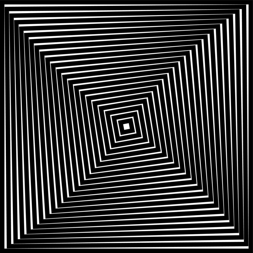 quadrati op art in bianco e nero con effetto di distorsione visiva che crea un'illusione ottica di piramidi o tunnel. banner ipnotico, vettore isolato su sfondo bianco