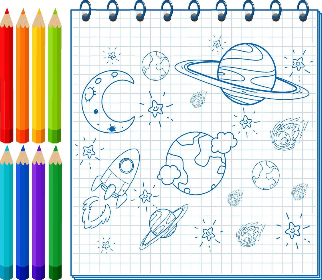 un taccuino con uno schizzo di doodle e matite colorate vettore