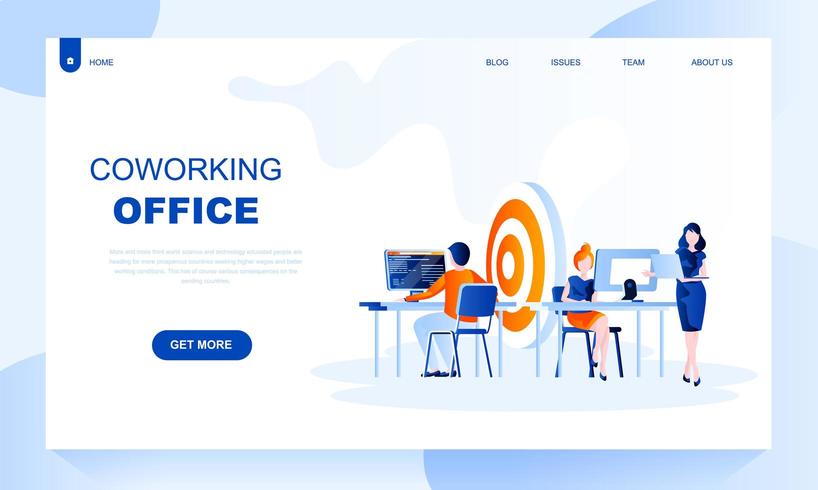 Modello piatto di landing page dell&#39;ufficio di coworking con intestazione vettore