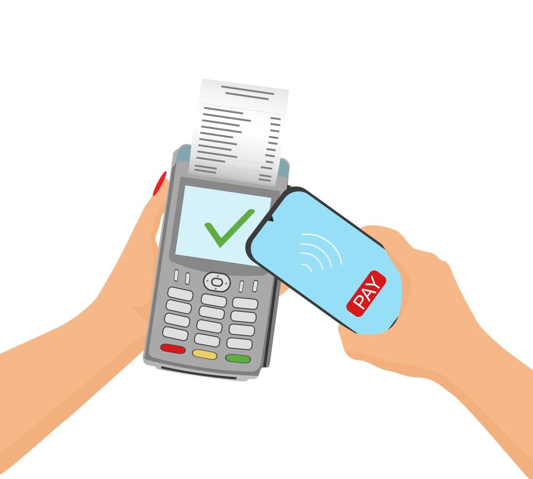 terminale bancario, macchina di pagamento con telefono cellulare. pagamento contactless con tecnologia NFC. illustrazione vettoriale isolato.