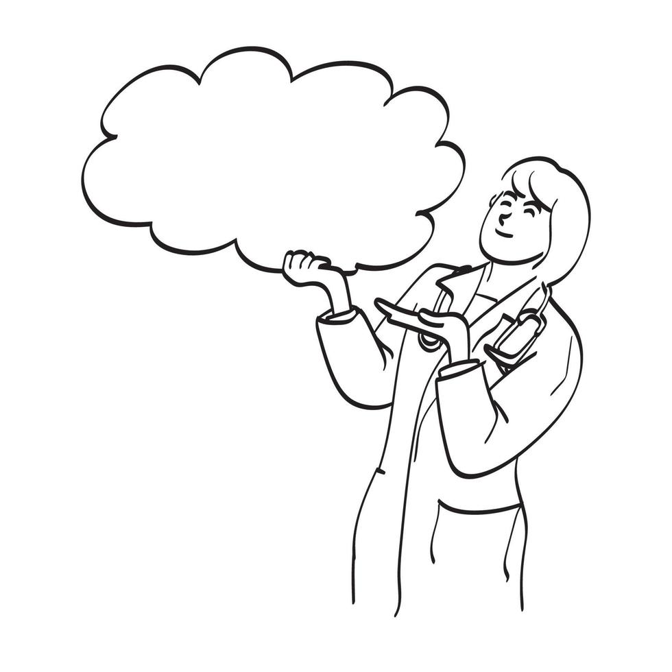 medico femminile in cappotto uniforme con stetoscopio che tiene fumetto vuoto illustrazione vettoriale disegnato a mano isolato su sfondo bianco line art.