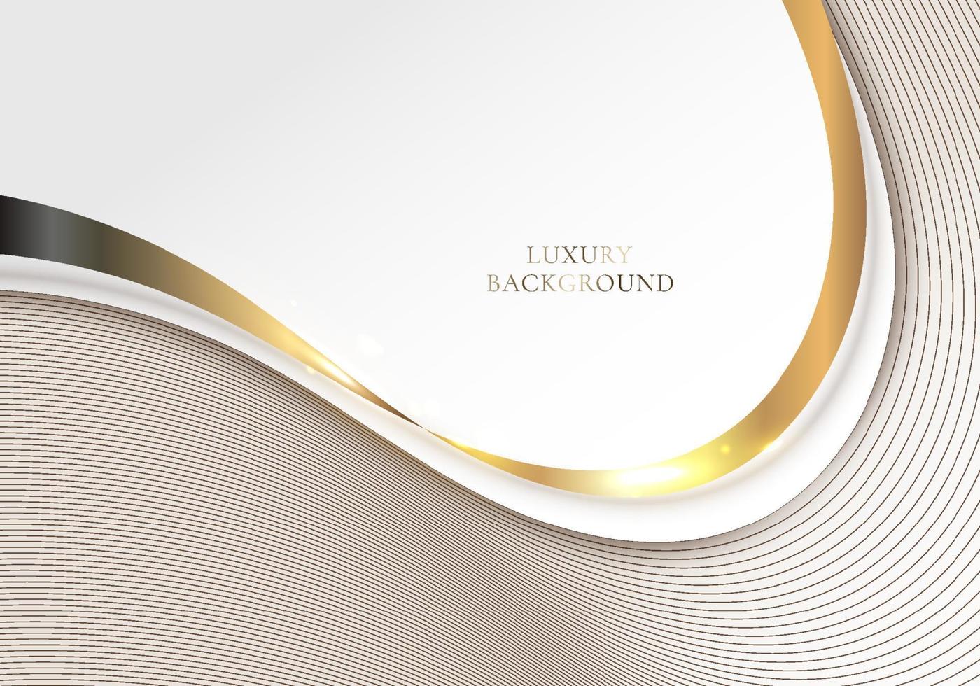 forma d'onda astratta elegante bianca e marrone con linee di nastro ricurve dorate 3d arrotondate e scintille di luce su sfondo pulito stile di lusso vettore