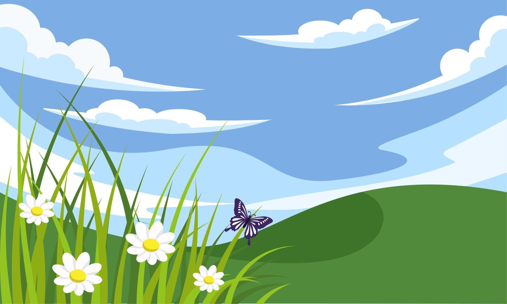 sfondo primaverile, paesaggio con fiori, erba, farfalle e cielo blu. illustrazione vettoriale. vettore