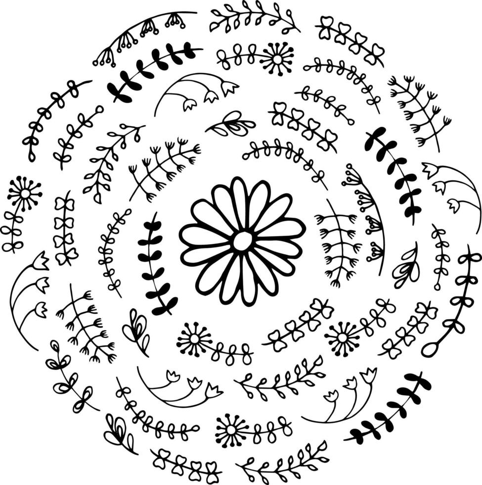 mandala floreale di doodle. raccolta di fiori e foglie vettore