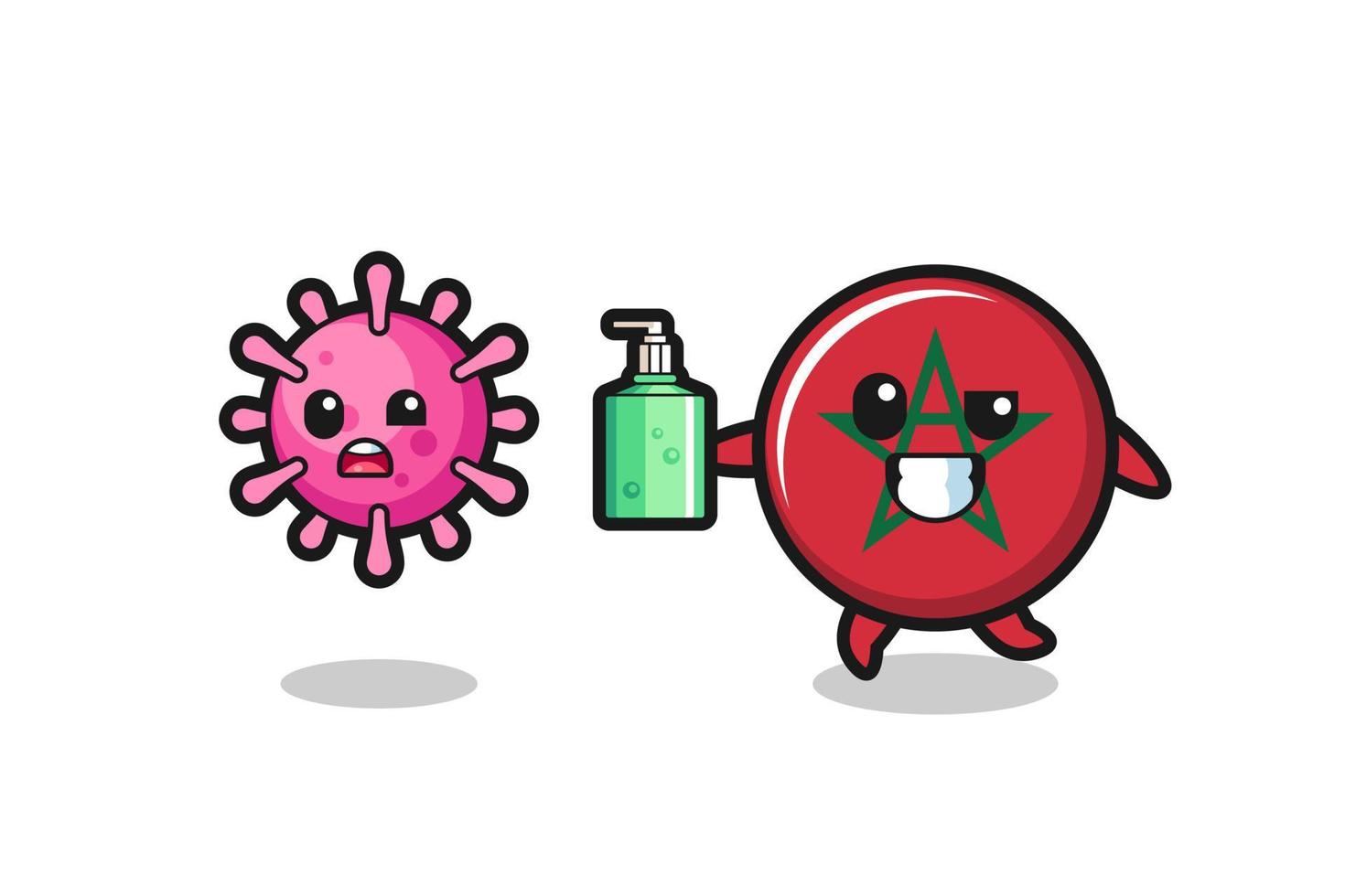 illustrazione del personaggio della bandiera del Marocco che insegue il virus malvagio con un disinfettante per le mani vettore