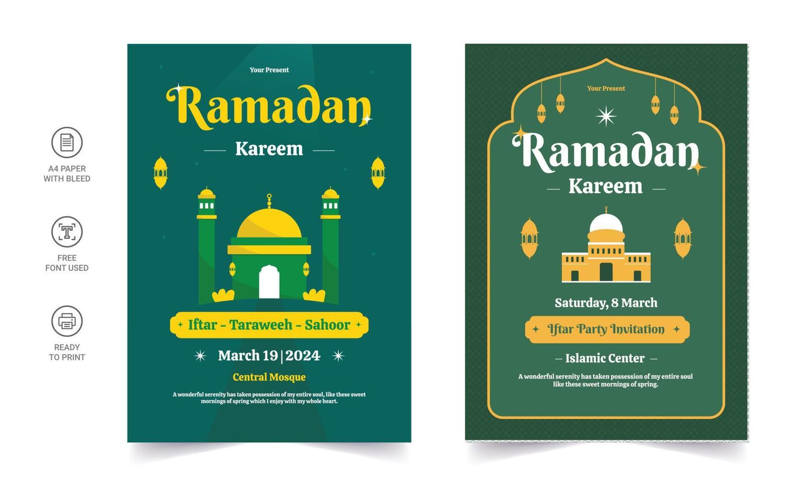 volantino ramadan kareem. ramadan kareem set di poster o inviti. biglietto di auguri decorativo retrò o design del layout dell'invito vettore