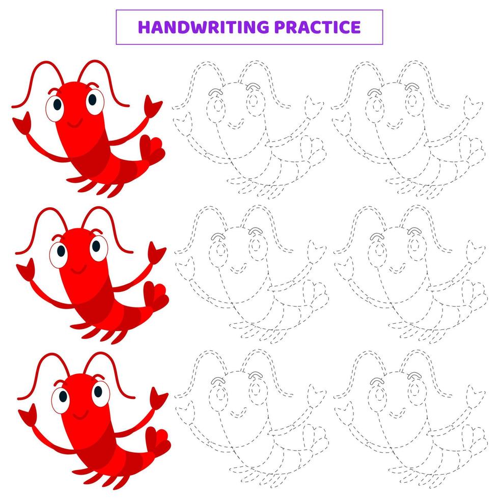 pratica di scrittura a mano per bambini con gamberetti dei cartoni animati. vettore
