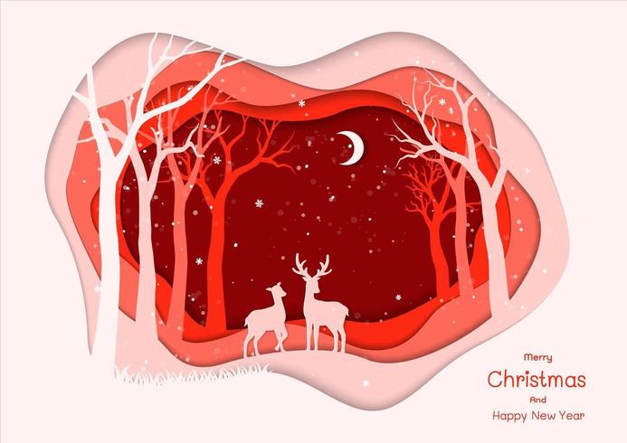 Buon Natale e felice anno nuovo con la famiglia dei cervi su sfondo rosso notte d&#39;inverno vettore