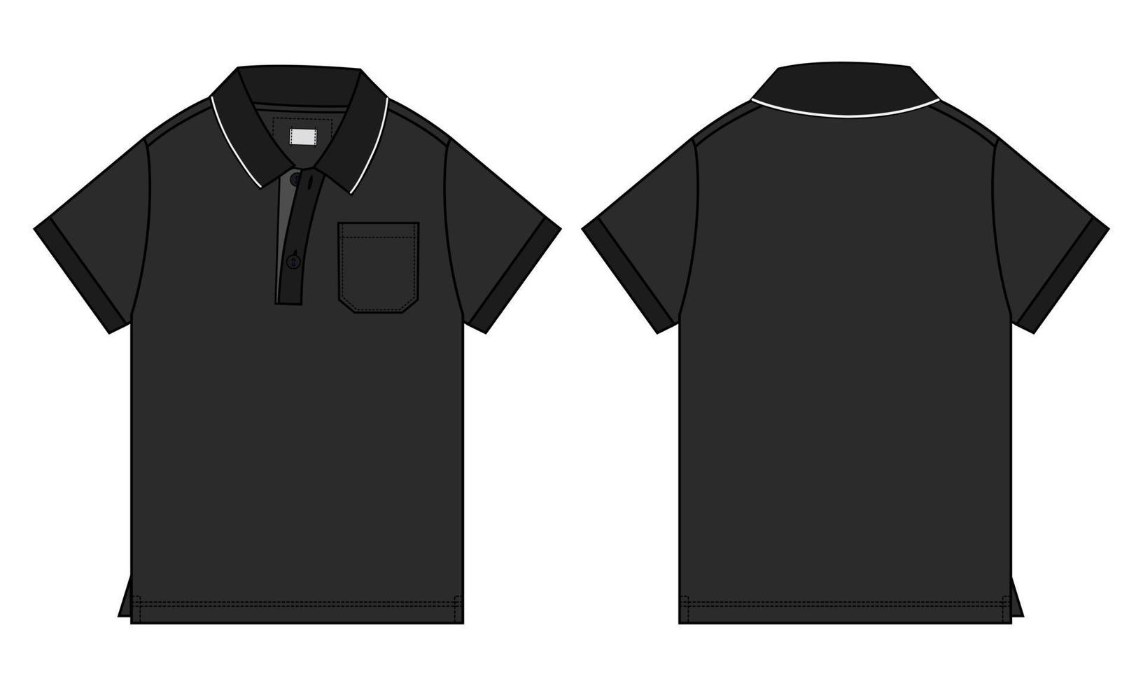 polo a maniche corte tecnica moda schizzo piatto illustrazione vettoriale modello colore nero viste anteriore e posteriore isolate su sfondo bianco.