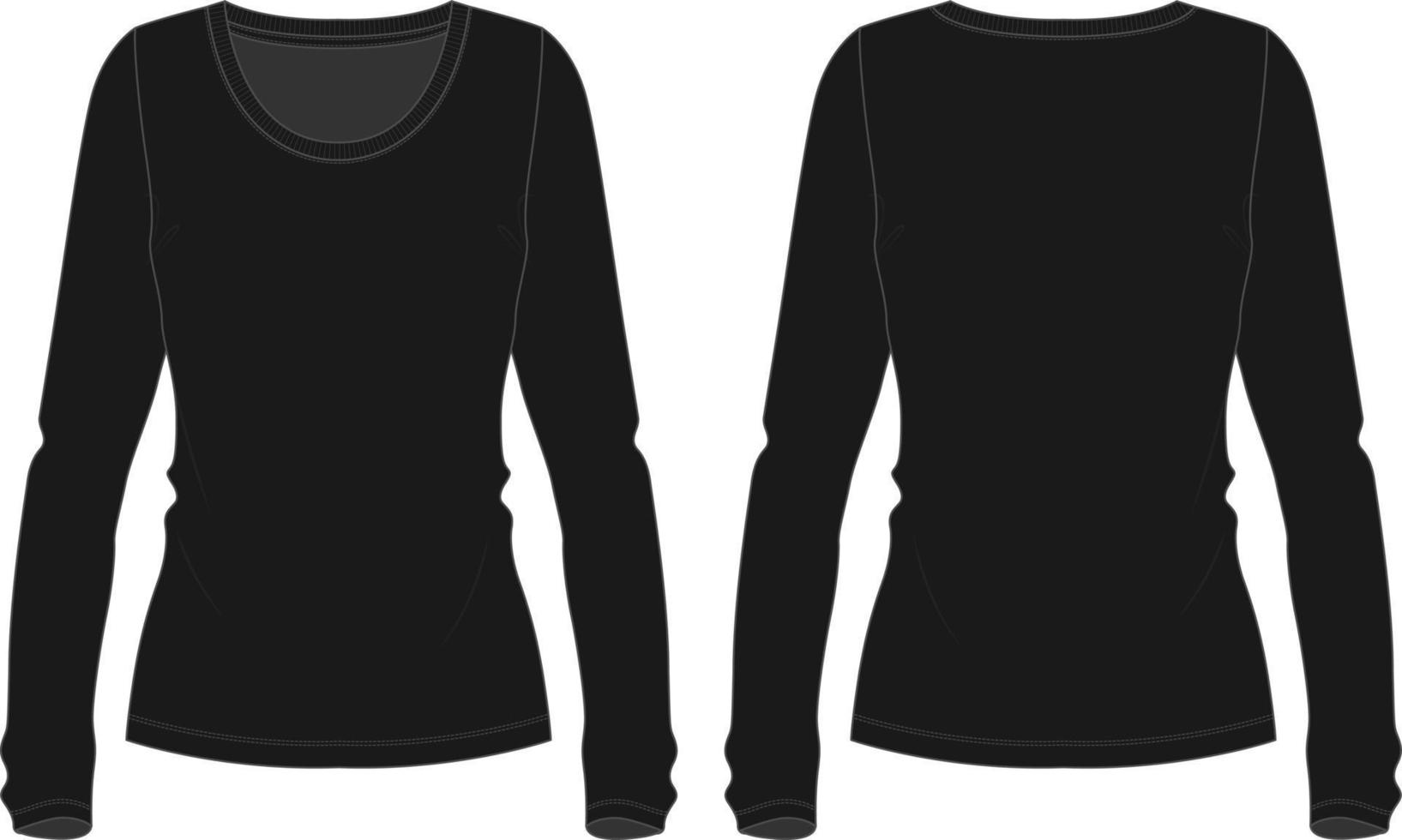 modello di schizzo piatto di moda tecnica generale della maglietta a maniche lunghe slim fit. abbigliamento in jersey di cotone illustrazione vettoriale disegno colore nero mock.abbigliamento t-shirt design per donna.