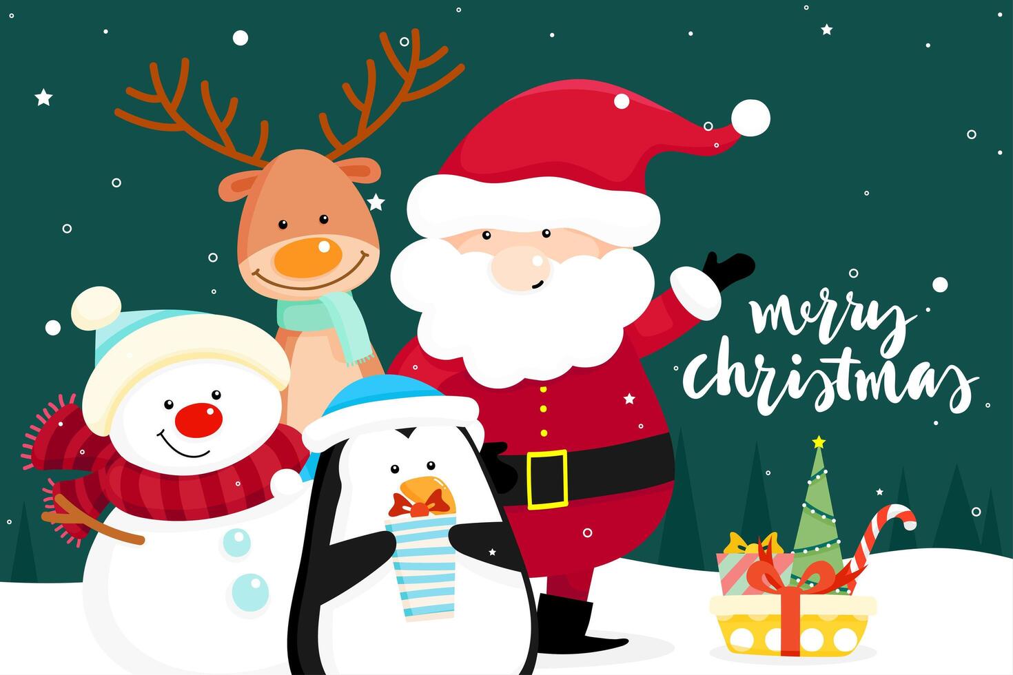 Biglietto di auguri di Natale con Babbo Natale, pupazzo di neve e pinguino vettore