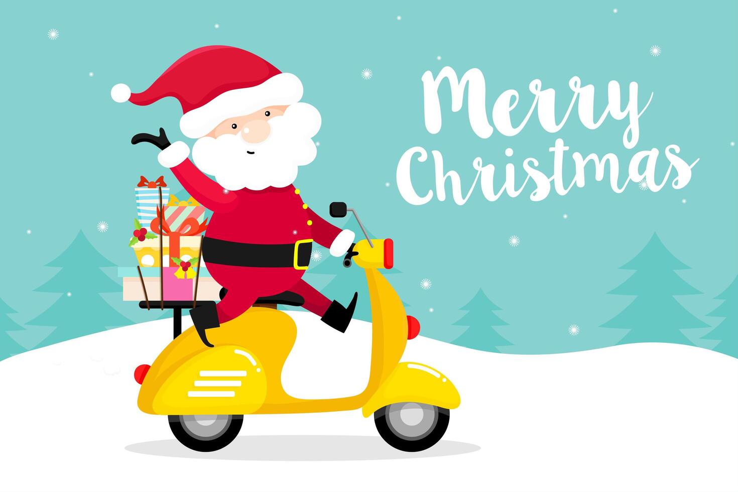 Biglietto di auguri di Natale con Babbo Natale su scooter vettore