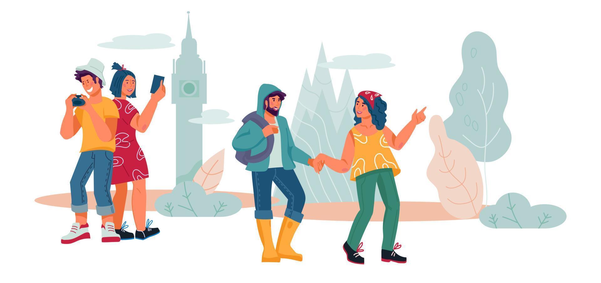 turisti ed escursionisti uomini e donne personaggi dei cartoni animati che viaggiano e visitano la città, illustrazione vettoriale piatta isolata. banner per argomenti di turismo e vacanza, tempo libero e ricreazione sulla natura.